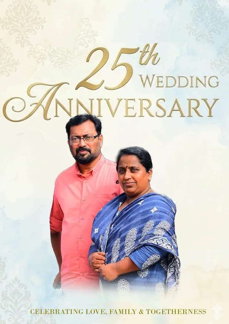 Couple portrait on an ivory background with gold 25th wedding anniversary lettering.